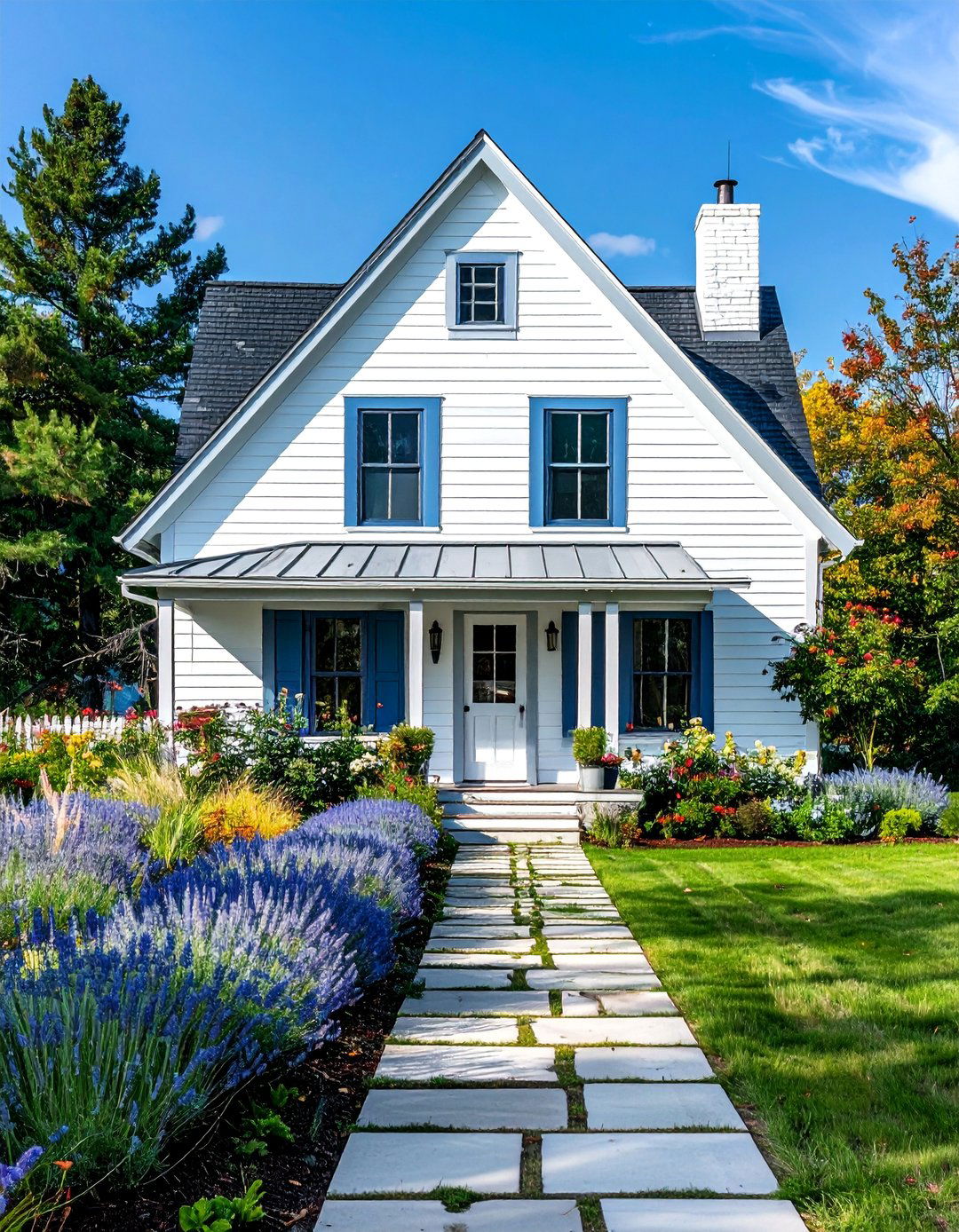 White House with Muted Denim Blue Eaves and Gables - 20 White House With Blue Trim Design Ideas for Curb Appeal