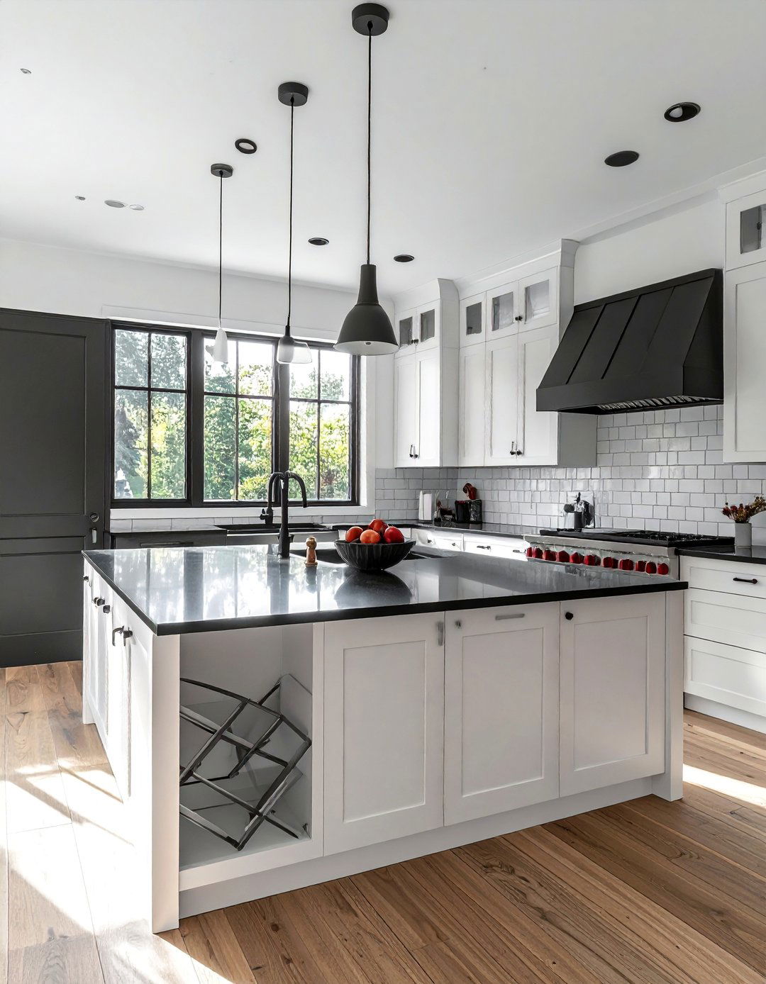 White Kitchen with Black Countertops and Black Window Frames - 40 White Kitchen Ideas with Black Countertops