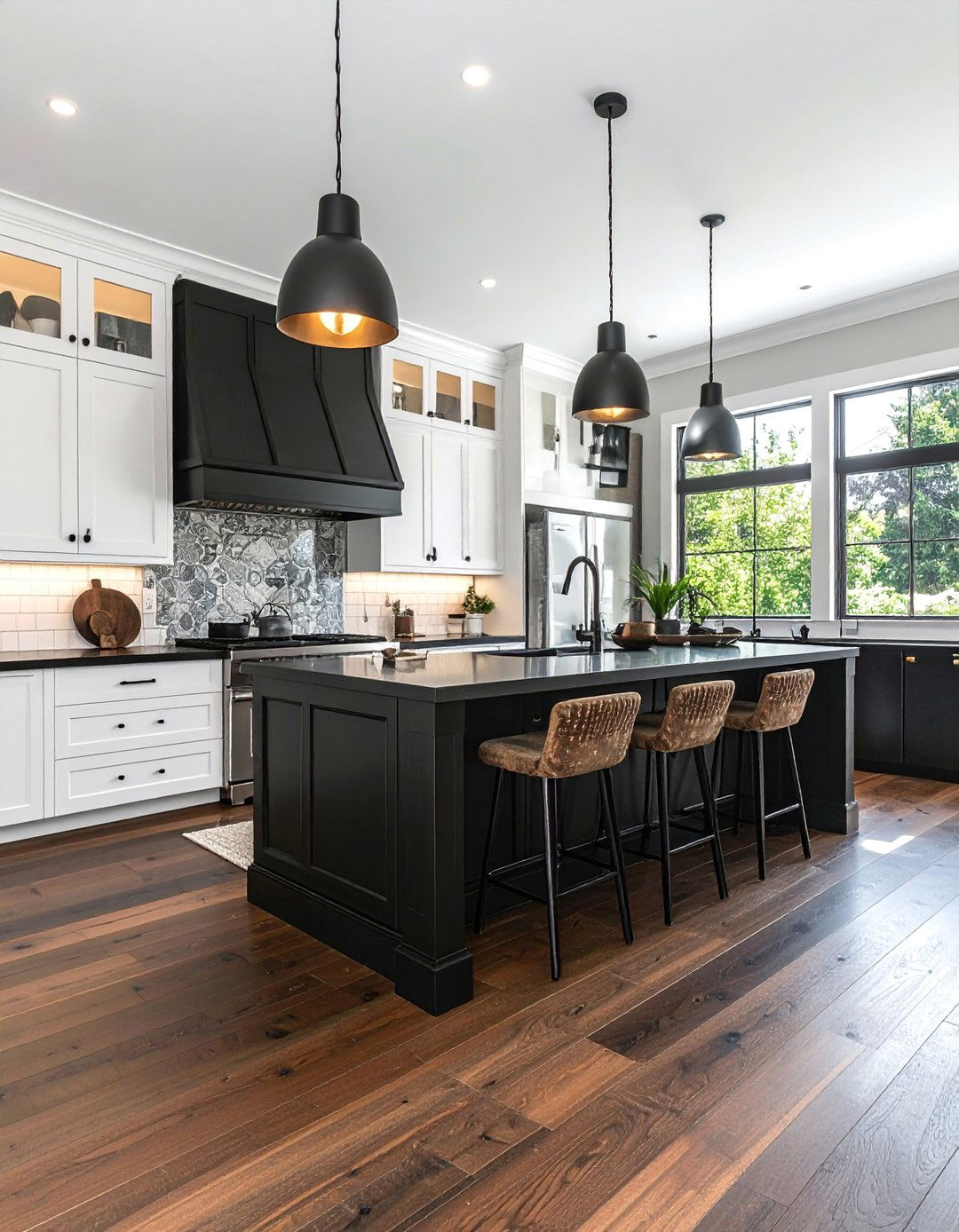 White Kitchen with Black Countertops and Dark Wood Flooring - 40 White Kitchen Ideas with Black Countertops