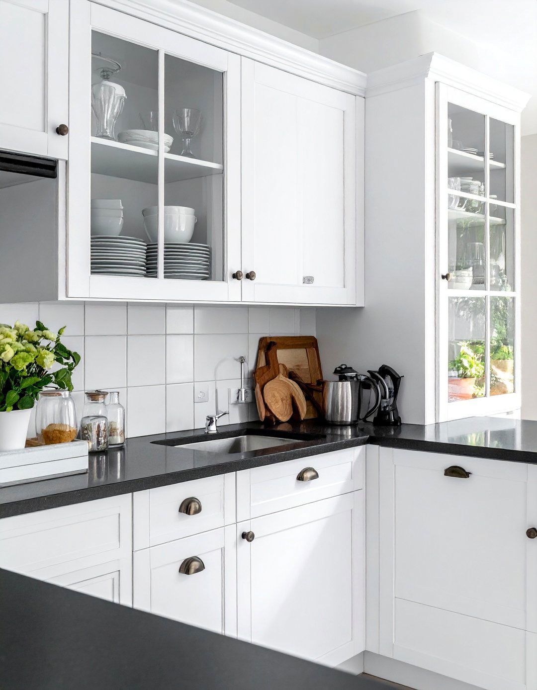 White Kitchen with Black Countertops and Glass Front Cabinets - 40 White Kitchen Ideas with Black Countertops