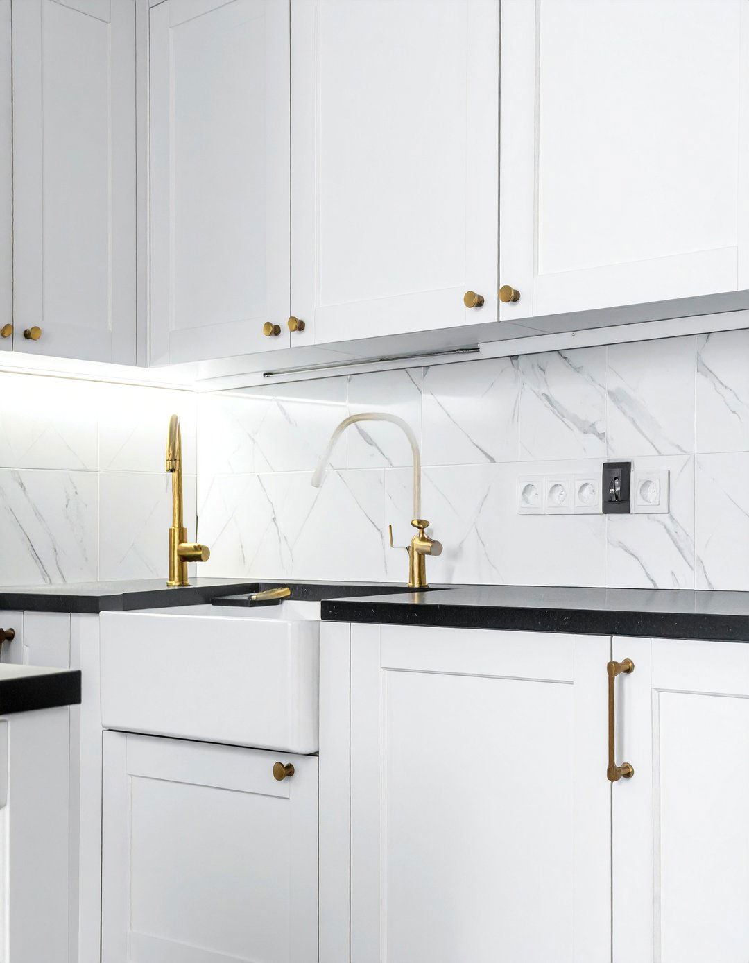 White Kitchen with Black Countertops and Gold Hardware - 40 White Kitchen Ideas with Black Countertops