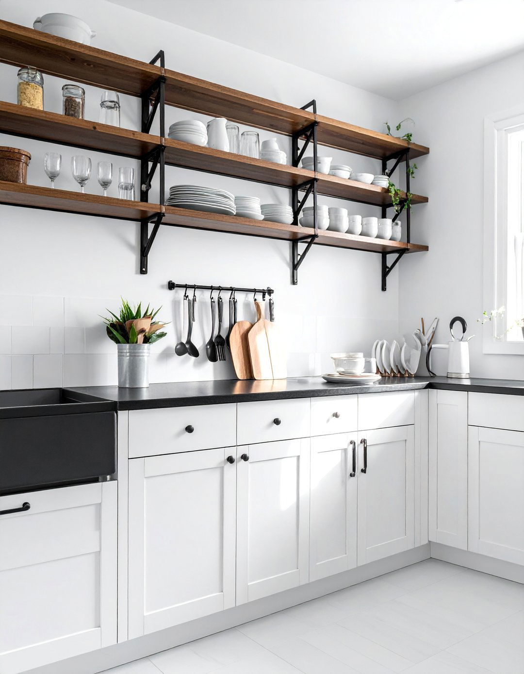 White Kitchen with Black Countertops and Open Shelving - 40 White Kitchen Ideas with Black Countertops