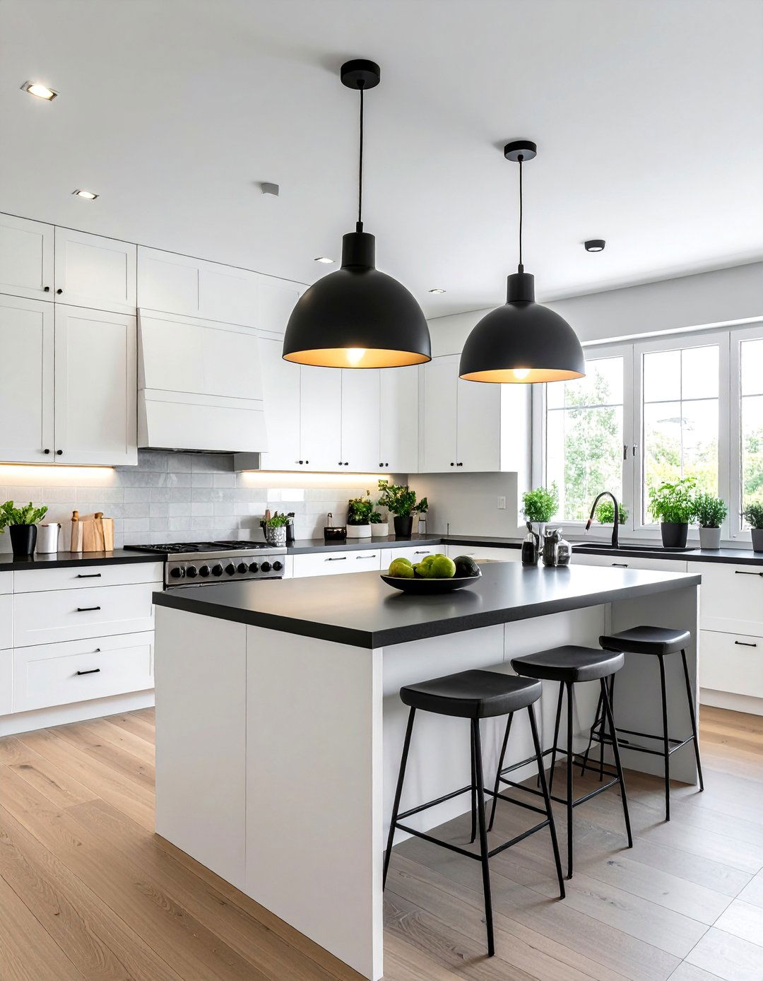 White Kitchen with Black Countertops and Pendant Lighting Over the Island - 40 White Kitchen Ideas with Black Countertops