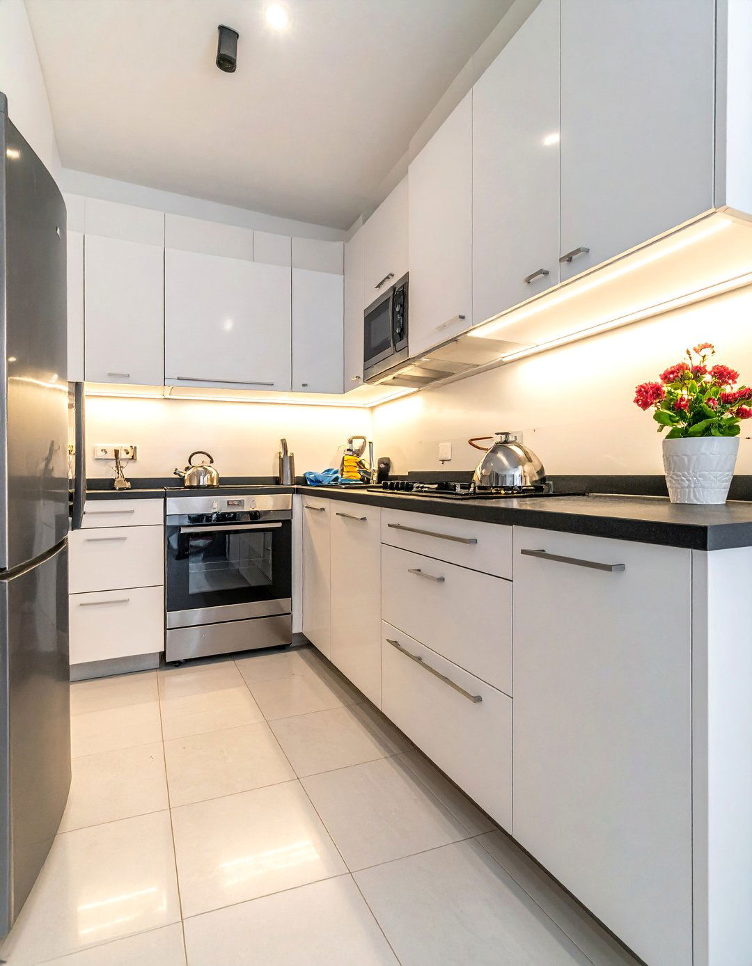 White Kitchen with Black Countertops and Stainless Steel Appliances - 40 White Kitchen Ideas with Black Countertops