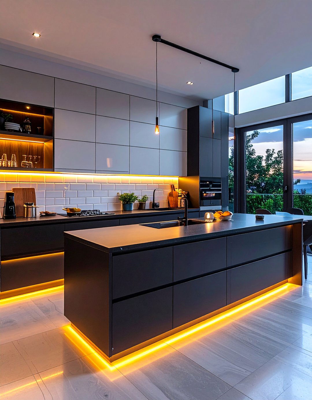 White Kitchen with Black Countertops and Under Cabinet Lighting - 40 White Kitchen Ideas with Black Countertops