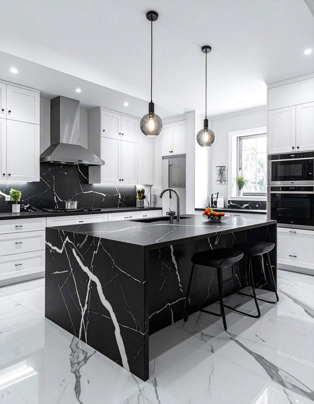 White Kitchen with Black Countertops and a Boldly Veined Quartz Island - 40 White Kitchen Ideas with Black Countertops