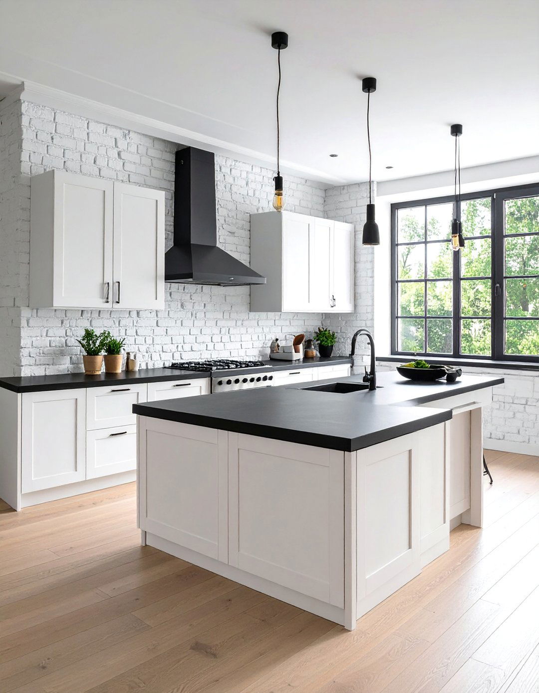 White Kitchen with Black Countertops and a Brick Backsplash - 40 White Kitchen Ideas with Black Countertops
