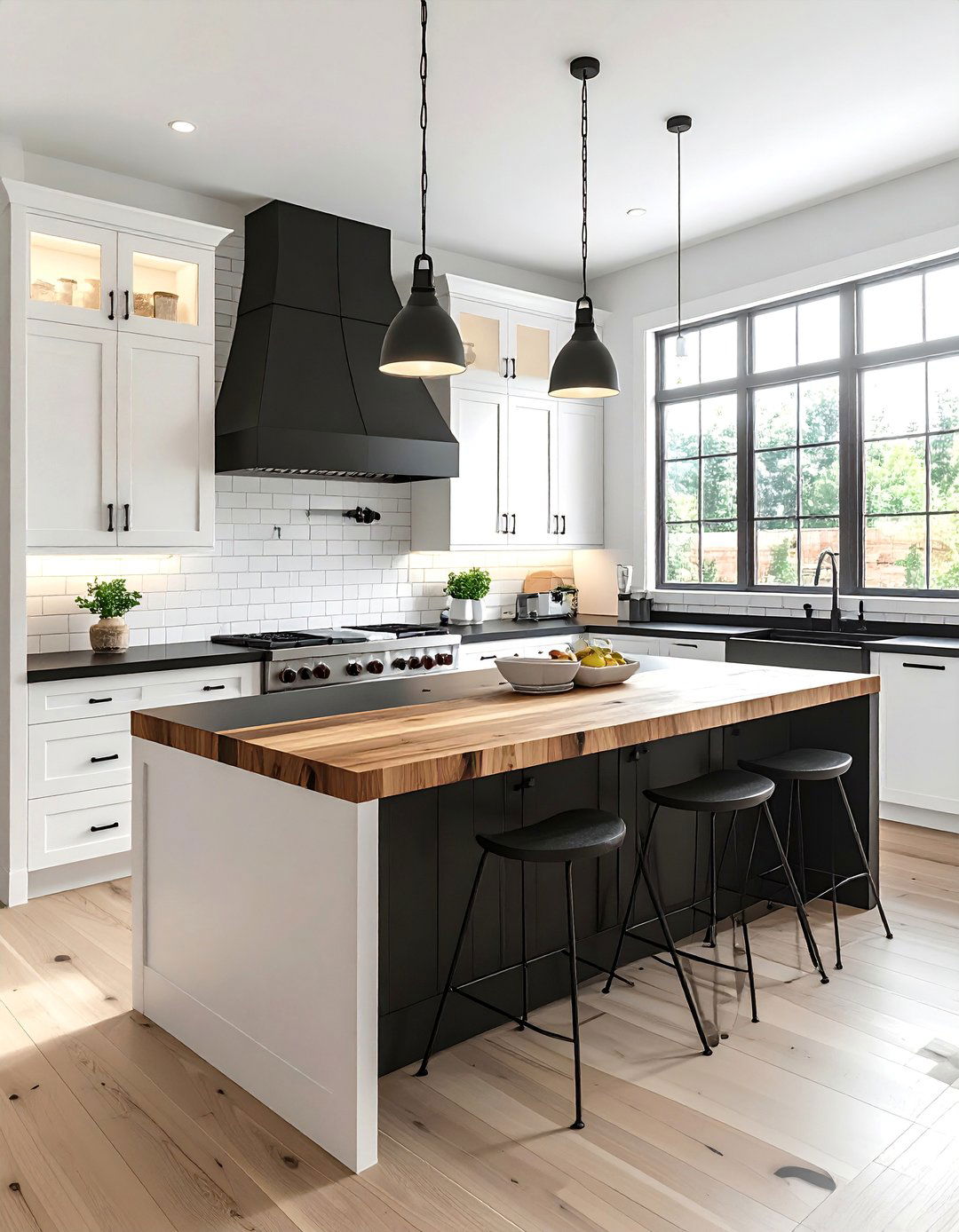 White Kitchen with Black Countertops and a Butcher Block Island - 40 White Kitchen Ideas with Black Countertops