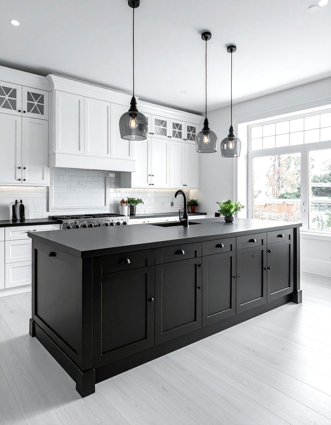 White Kitchen with Black Countertops and a Contrasting Black Island - 40 White Kitchen Ideas with Black Countertops