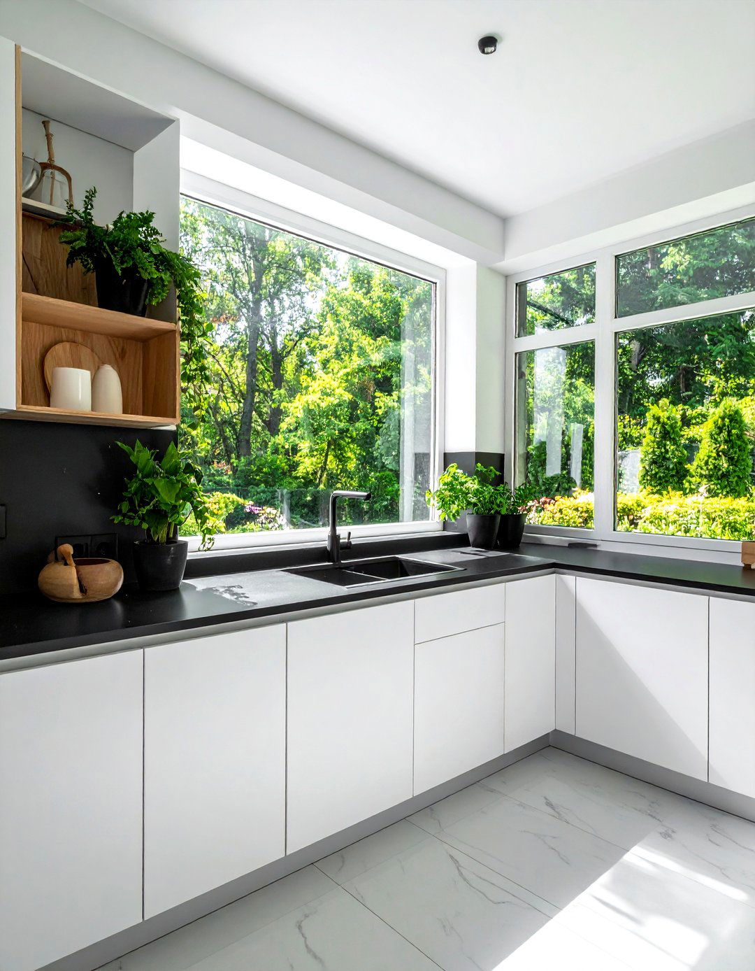 White Kitchen with Black Countertops and a Large Window Backsplash - 40 White Kitchen Ideas with Black Countertops