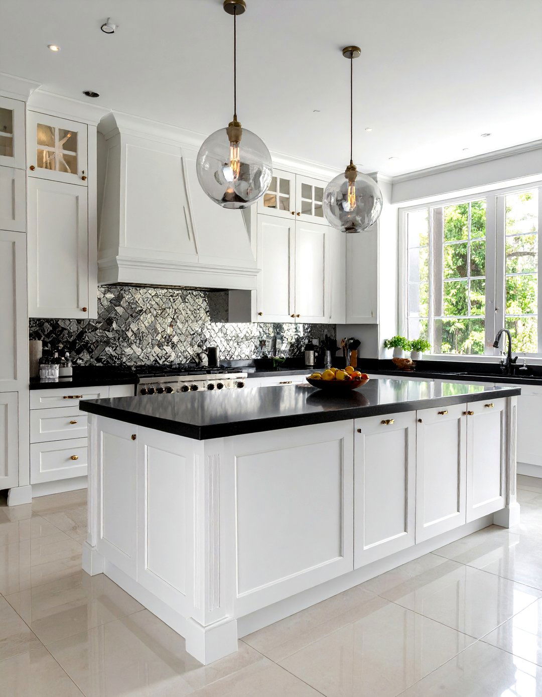 White Kitchen with Black Countertops and a Mirrored Backsplash - 40 White Kitchen Ideas with Black Countertops