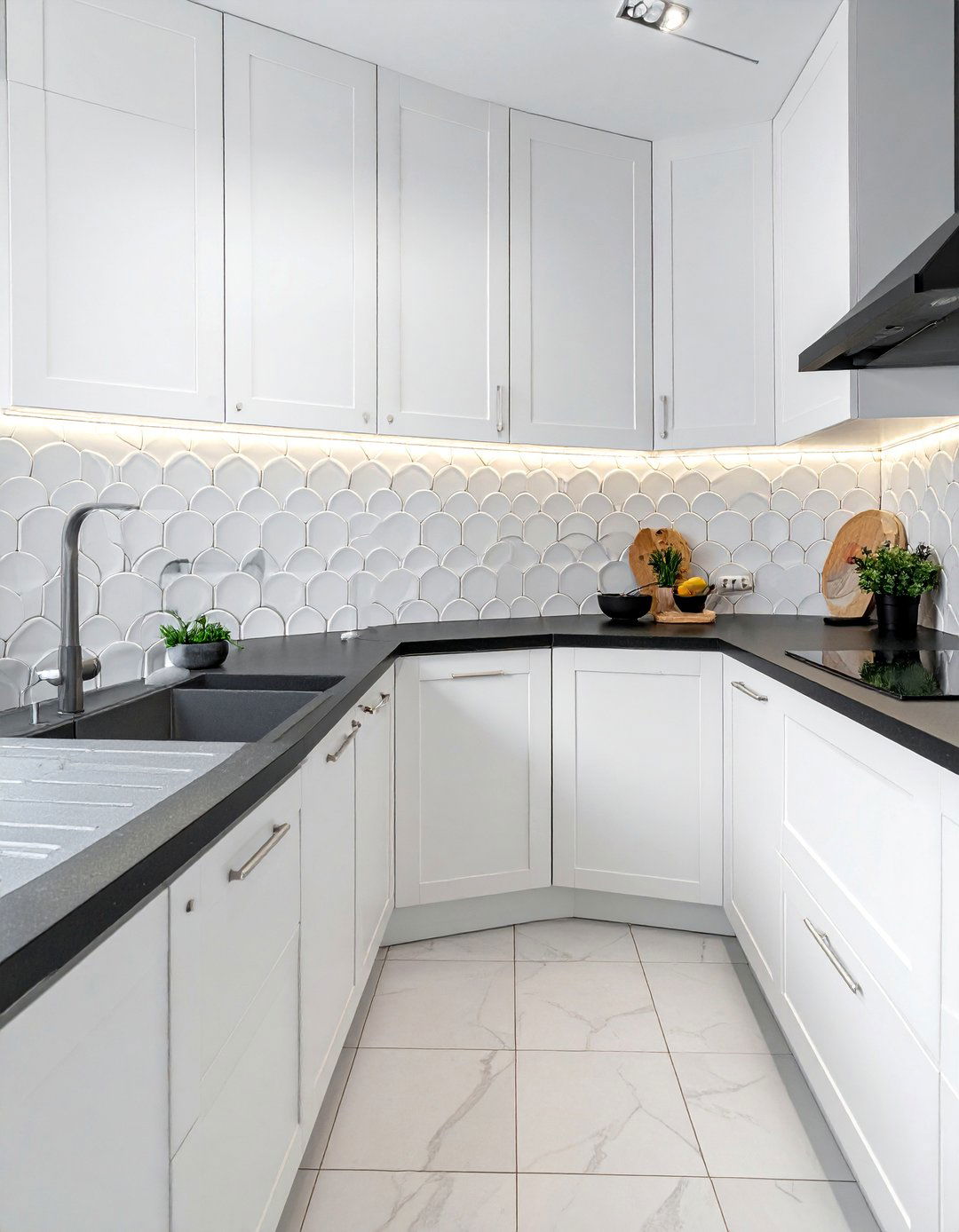 White Kitchen with Black Countertops and a Scalloped Tile Backsplash - 40 White Kitchen Ideas with Black Countertops