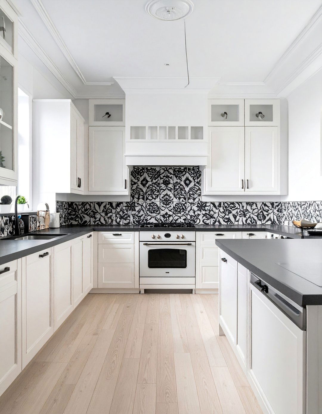 White Kitchen with Black Countertops and an Ornate Backsplash Medallion - 40 White Kitchen Ideas with Black Countertops