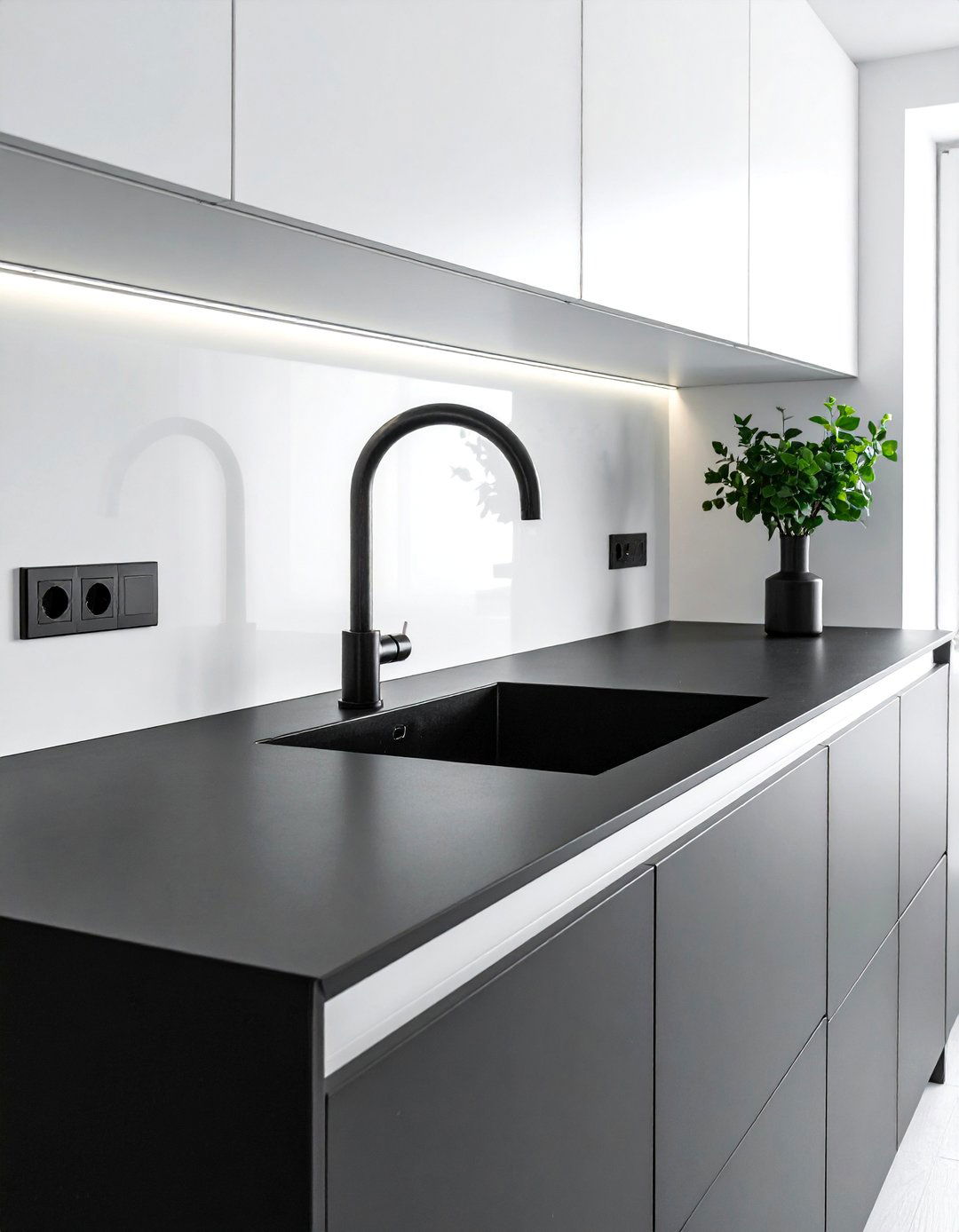 White Kitchen with a Black Integrated Sink - 40 White Kitchen Ideas with Black Countertops
