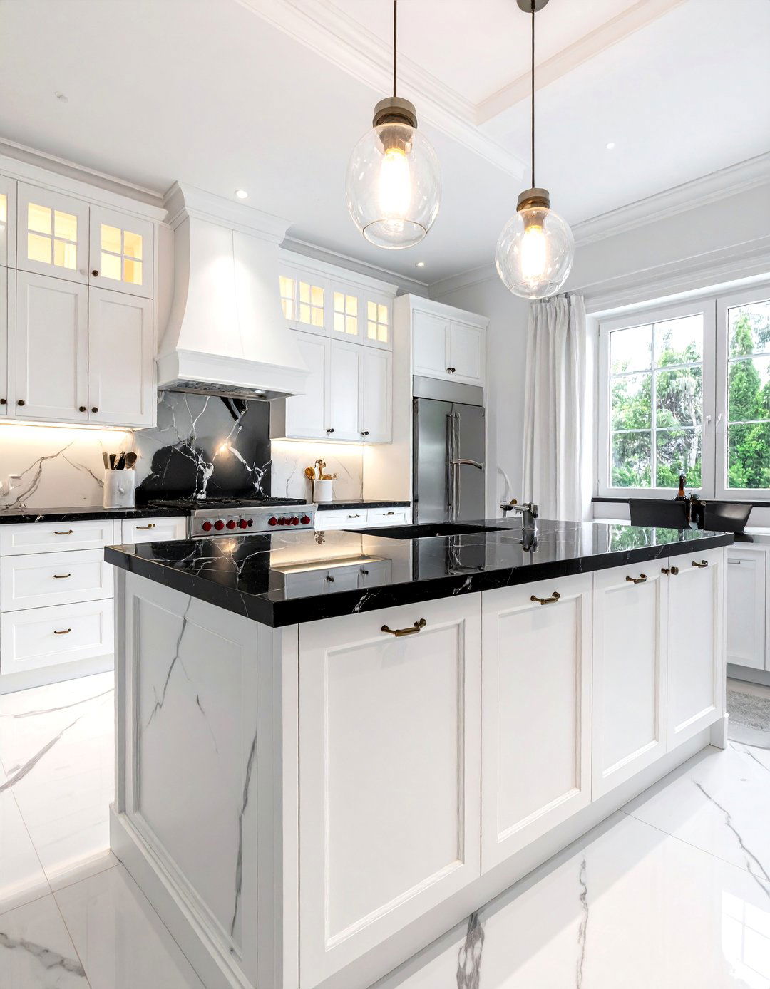 White Kitchen with a Black Marble Countertop with White Veining - 40 White Kitchen Ideas with Black Countertops