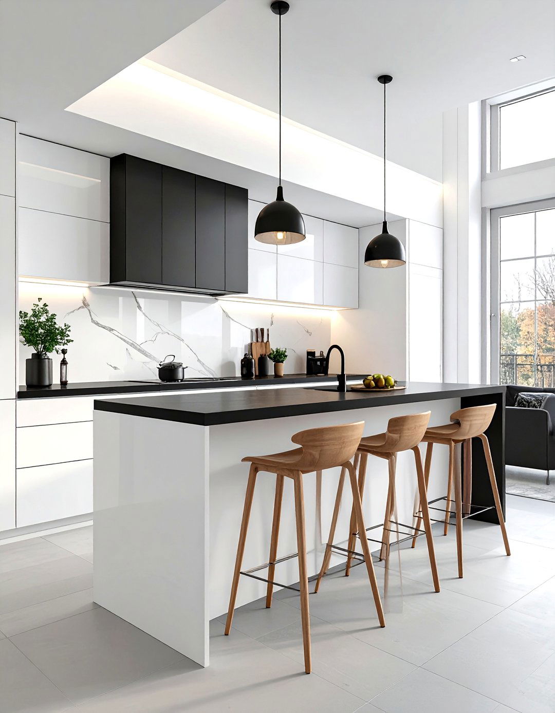 White Kitchen with a Black Peninsula and Countertop Seating - 40 White Kitchen Ideas with Black Countertops