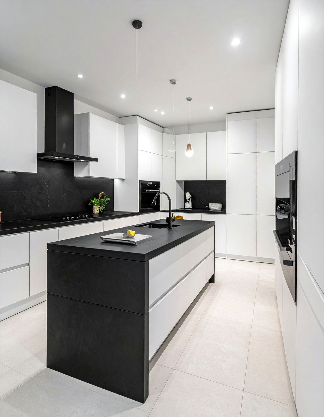 White Kitchen with a Leathered Black Countertop Finish - 40 White Kitchen Ideas with Black Countertops