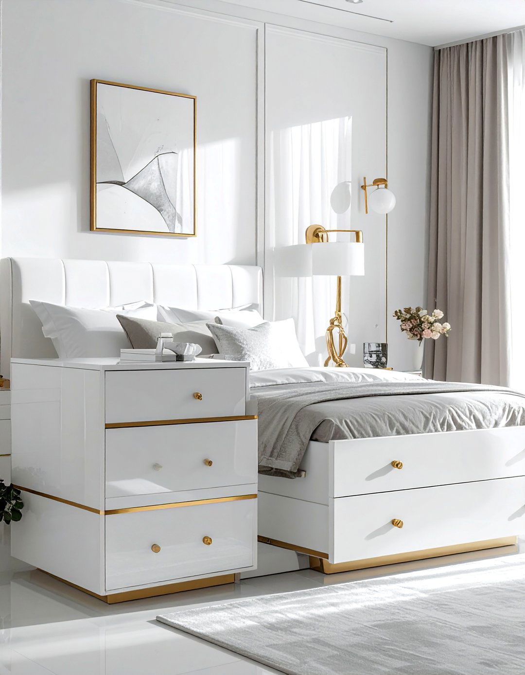 White Lacquer Dresser with Gold Pulls - 25 White and Gold Bedroom Ideas for a Luxurious Look