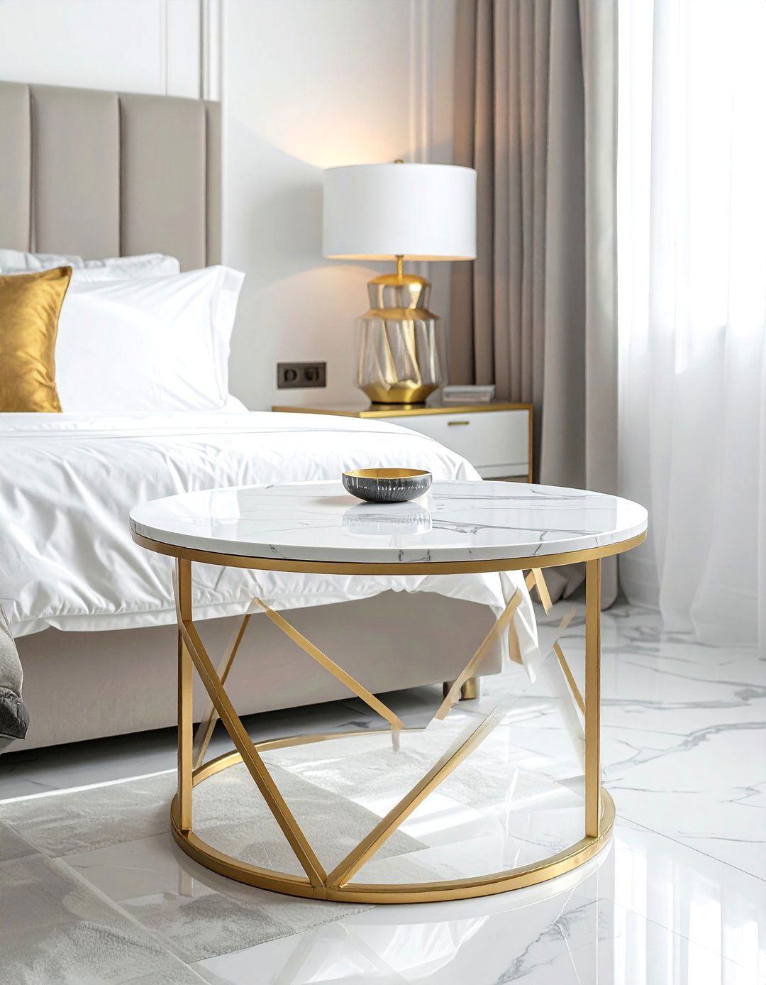 White Marble and Gold Accent Table - 25 White and Gold Bedroom Ideas for a Luxurious Look