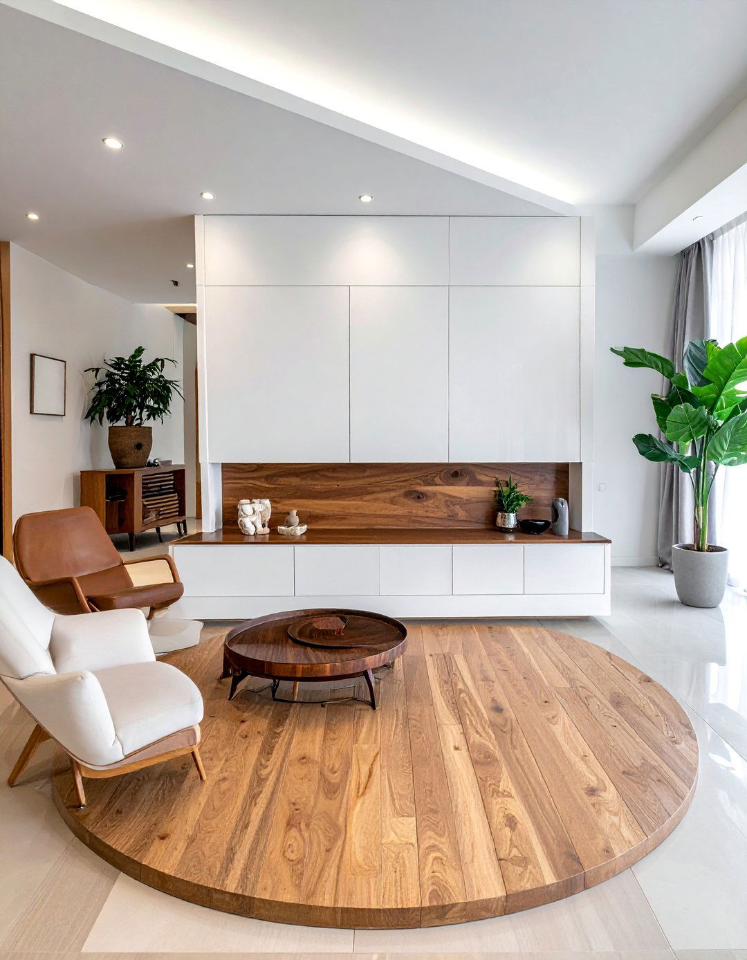 White Media Console with a Brown Wood Top - 30 Brown and White Living Room Ideas for a Warm Look