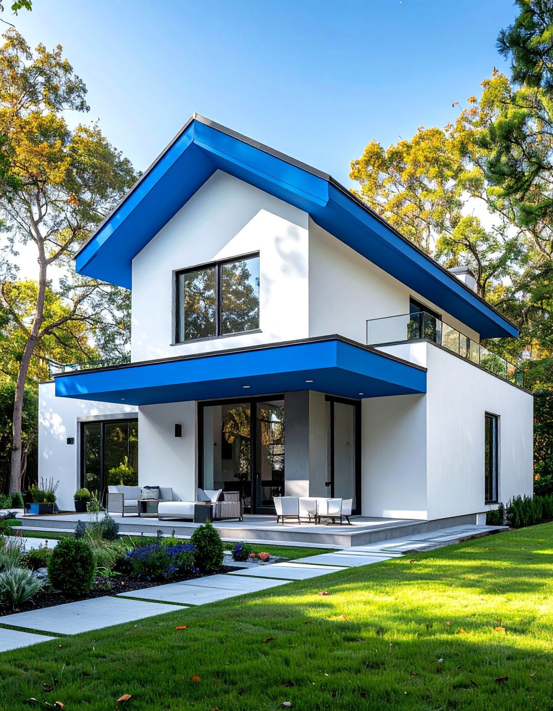White Minimalist Home with a Cerulean Blue Soffit - 20 White House With Blue Trim Design Ideas for Curb Appeal