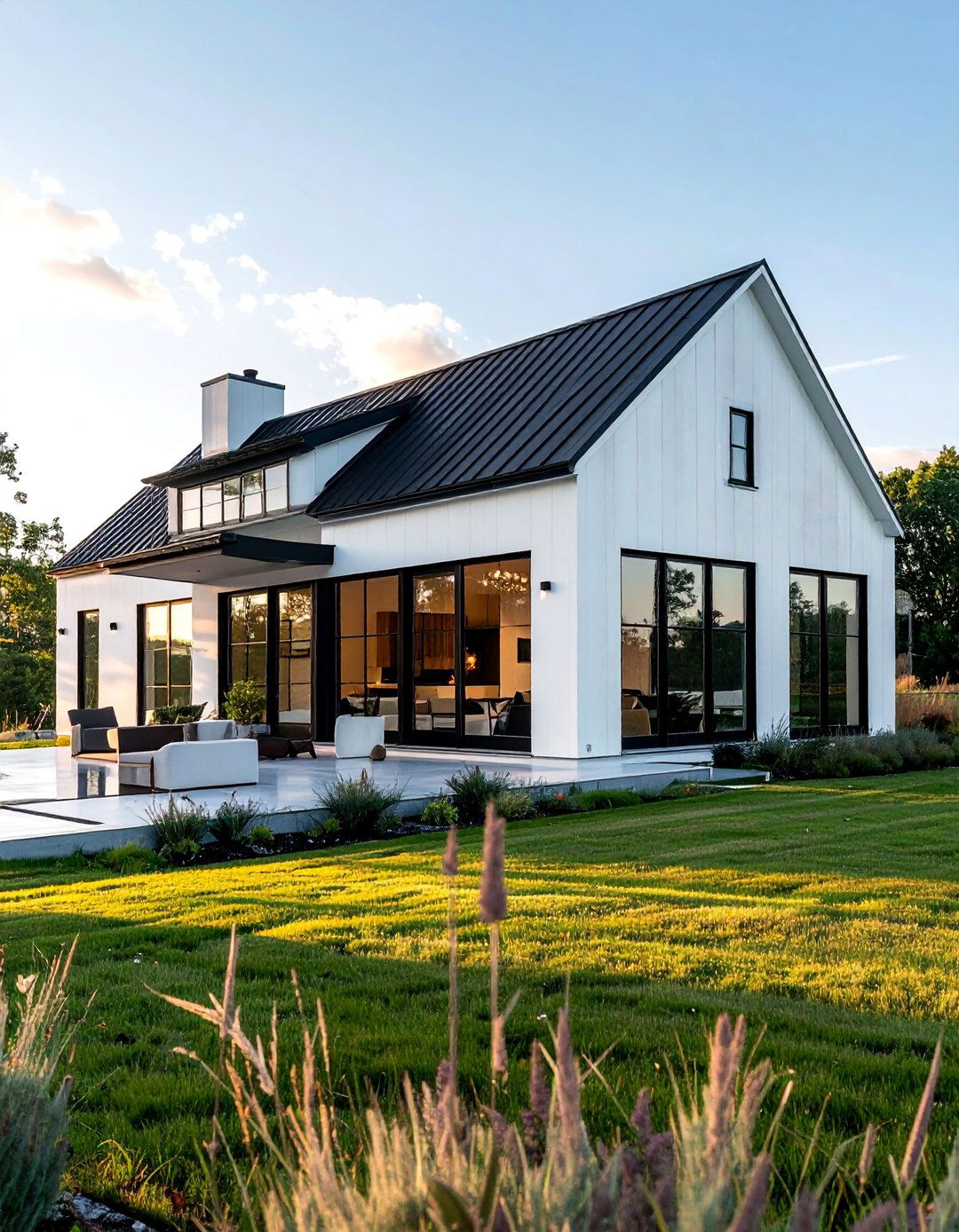 White Modern Farmhouse with Large Black Picture Windows - 25 White Farmhouse With Black Windows Ideas