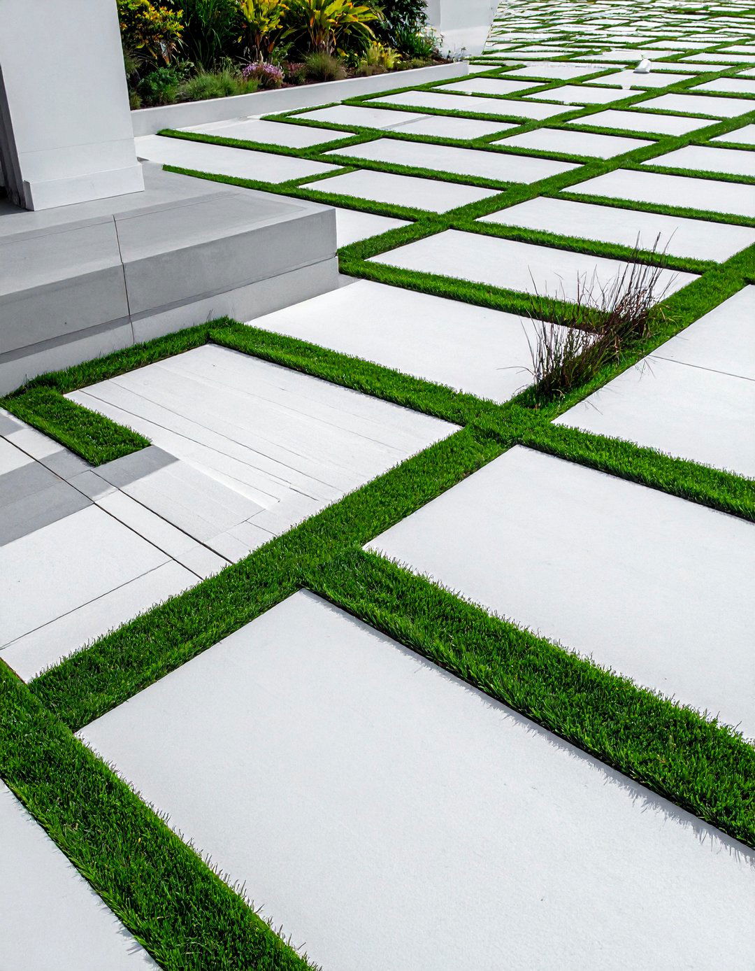 White Patio Pavers with Black Mondo Grass - 20 Black and White Patio Ideas for Stylish Outdoor Spaces