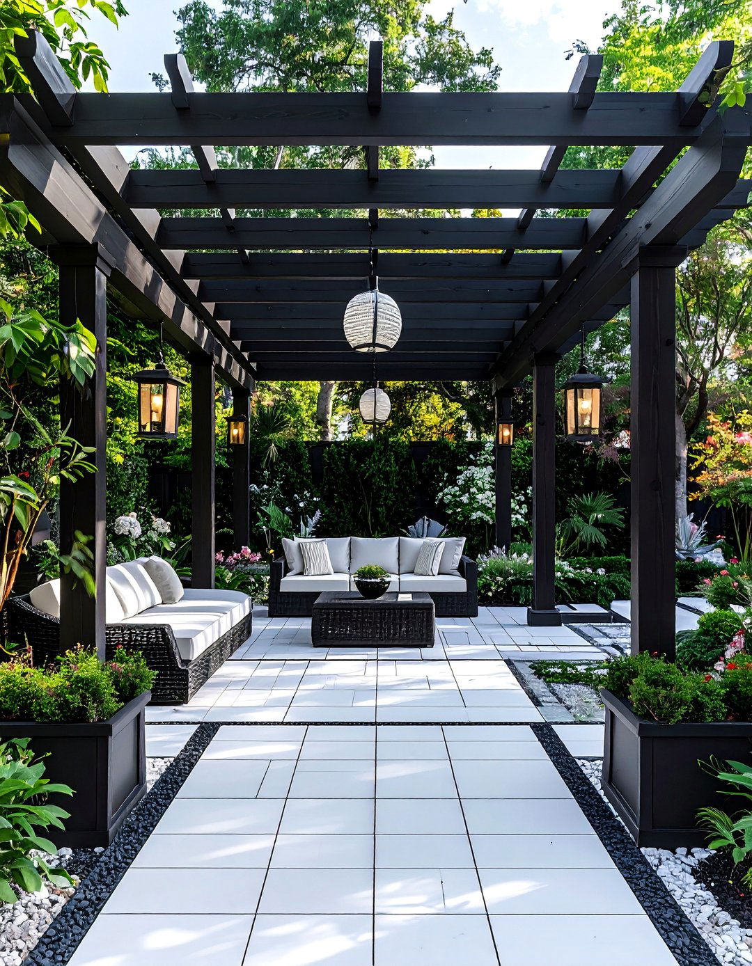 White Patio with a Black Pergola - 20 Black and White Patio Ideas for Stylish Outdoor Spaces