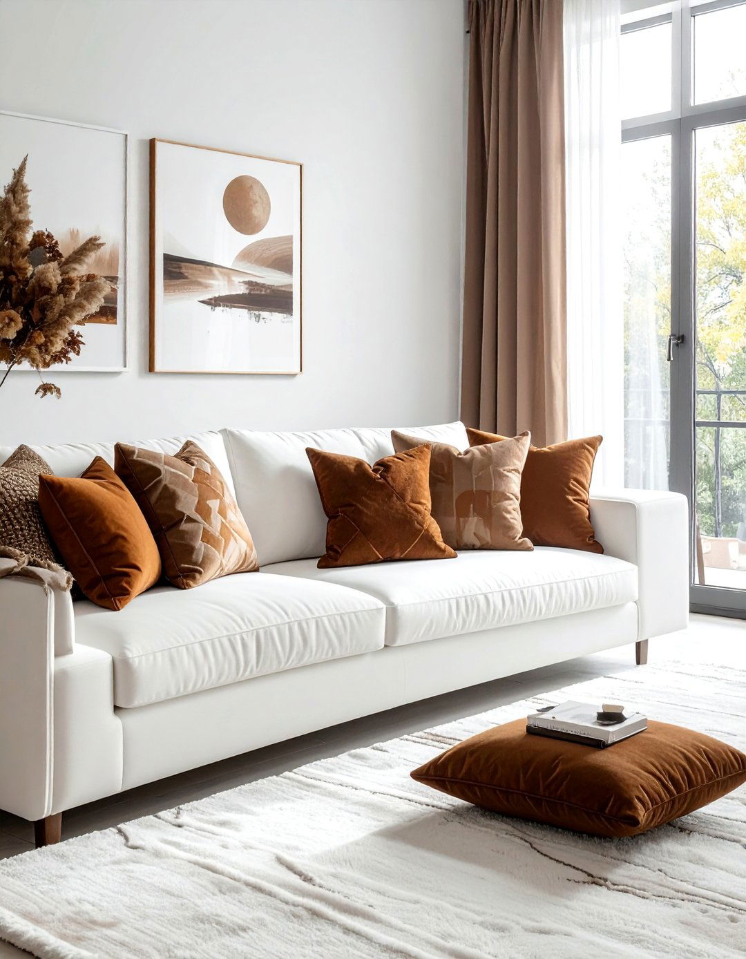 White Sectional Sofa with Brown Pillows - 30 Brown and White Living Room Ideas for a Warm Look