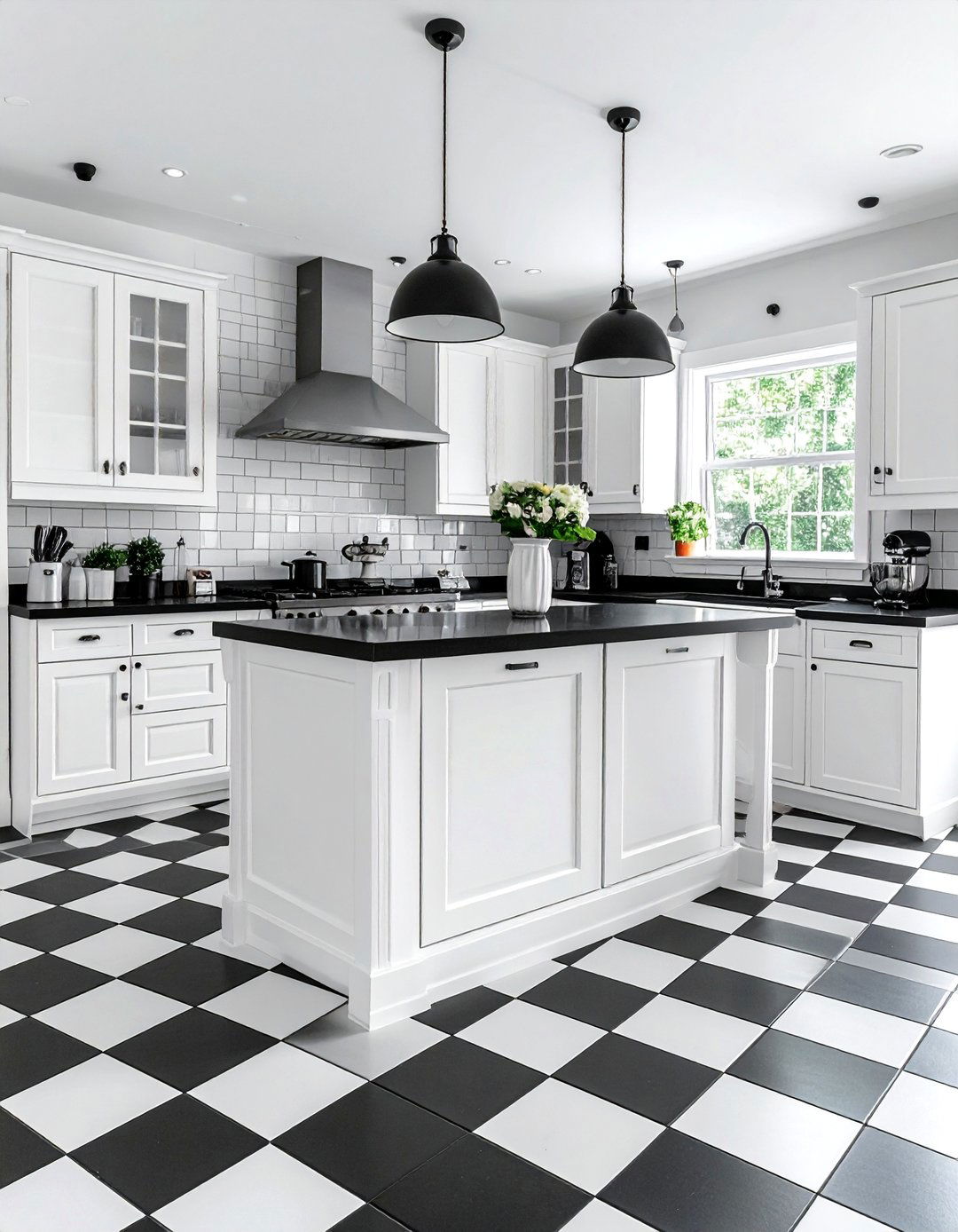 White Shaker Cabinets with Black Countertops and a Checkered Floor - 40 White Kitchen Ideas with Black Countertops
