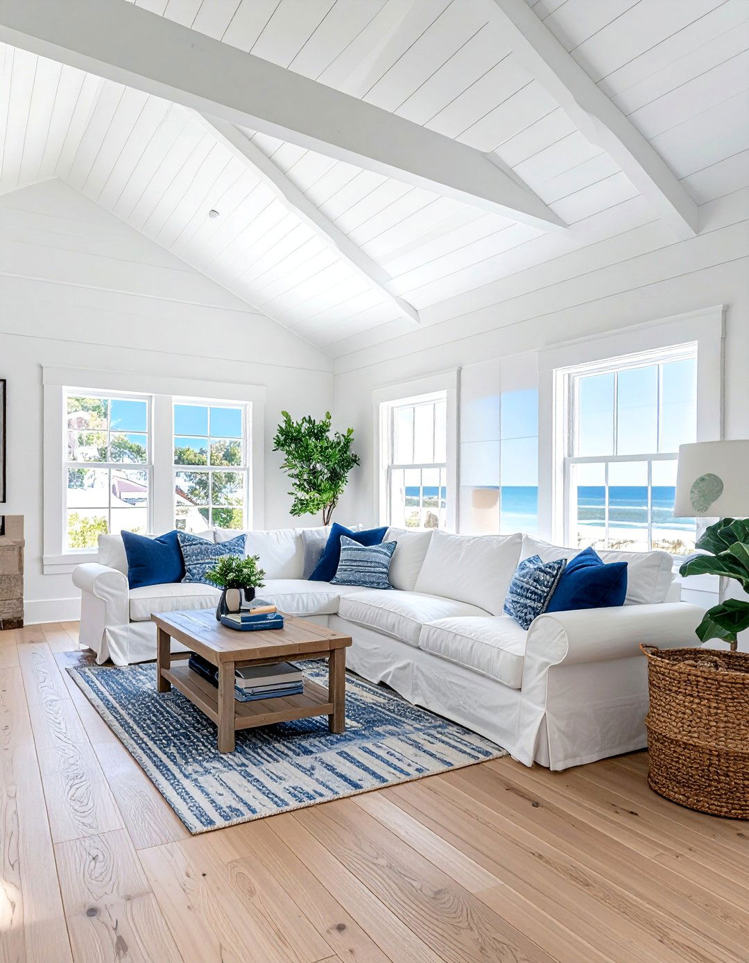 White Shiplap for a Coastal Living Room Vaulted Ceiling - 25 Living Room Vaulted Ceiling Ideas for Spacious Charm