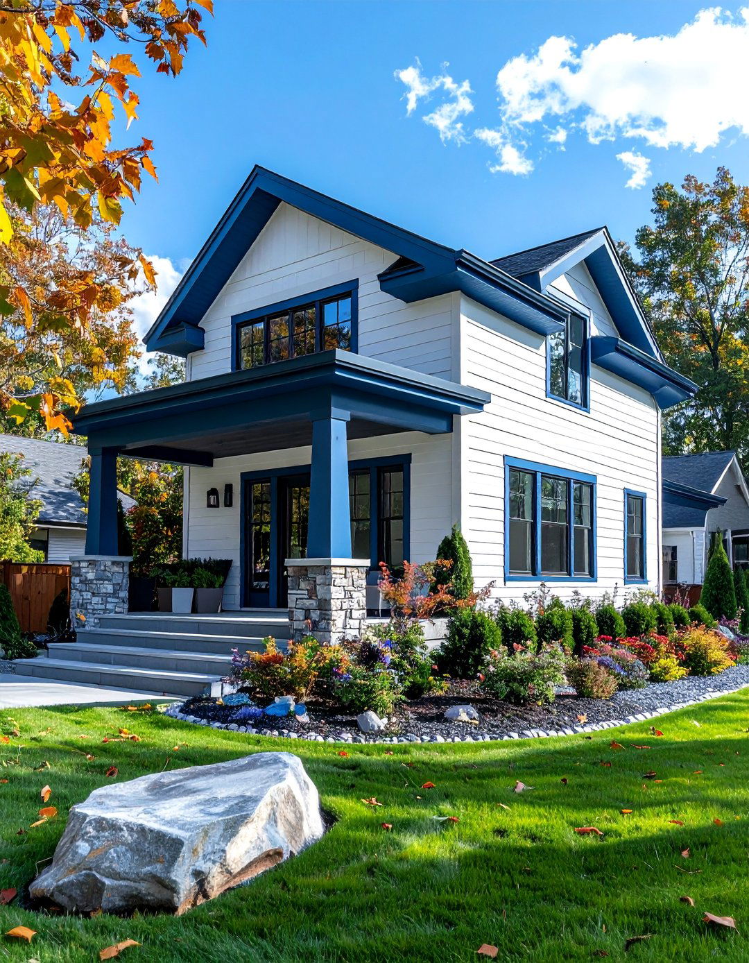 White Siding House with Dark Slate Blue Trim - 20 White House With Blue Trim Design Ideas for Curb Appeal