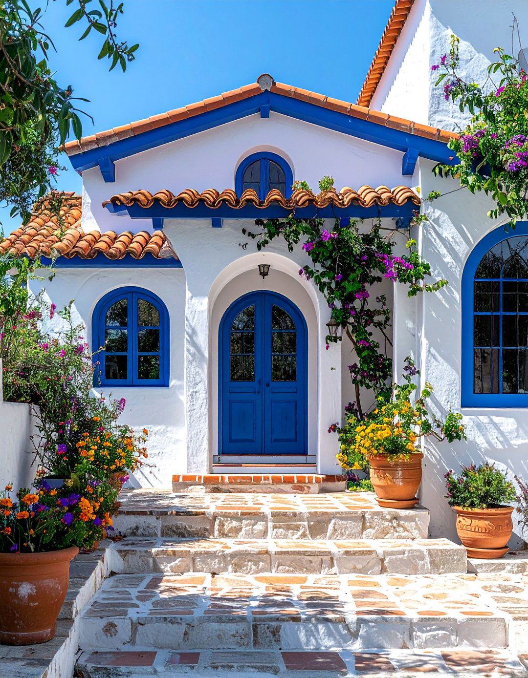 White Stucco Home with Cornflower Blue Trim - 20 White House With Blue Trim Design Ideas for Curb Appeal