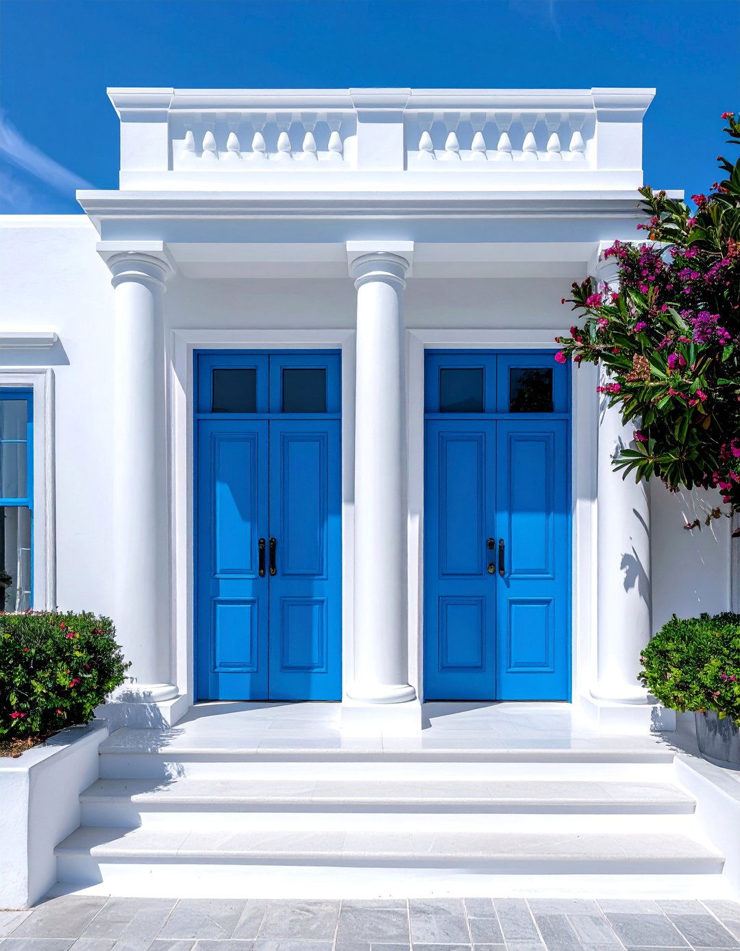 White Symmetrical Facade with Peacock Blue Twin Doors - 20 White House With Blue Trim Design Ideas for Curb Appeal