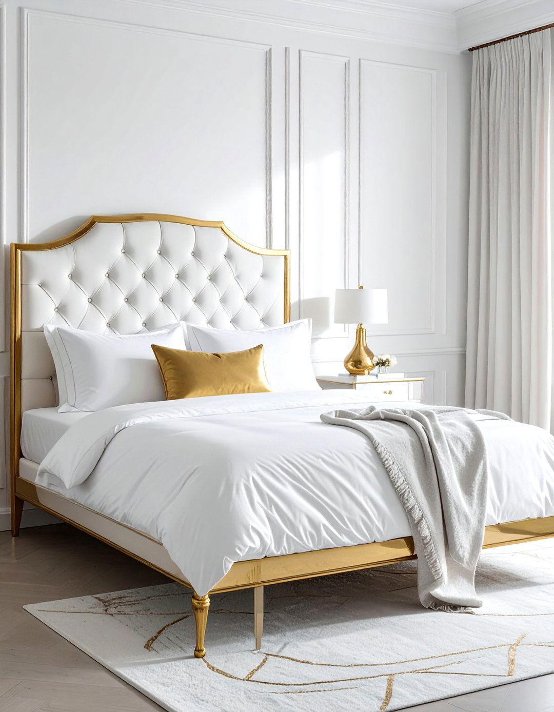 White Tufted Headboard with Gold Frame - 25 White and Gold Bedroom Ideas for a Luxurious Look