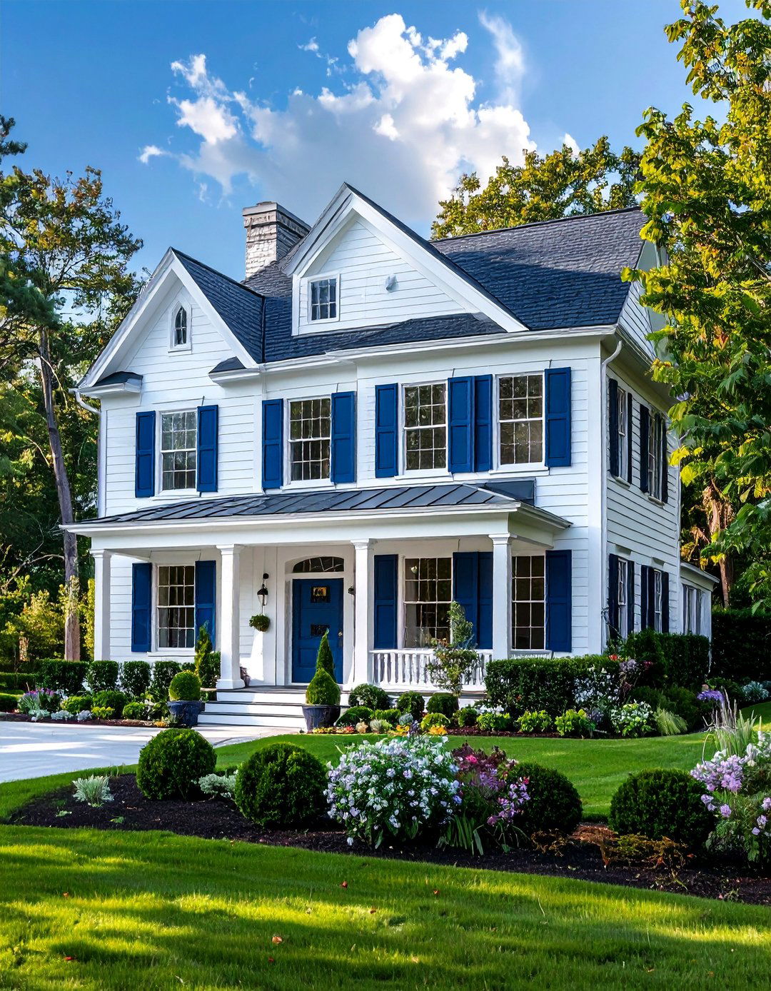 White Two Story House with Deep Sea Blue Trim - 20 White House With Blue Trim Design Ideas for Curb Appeal