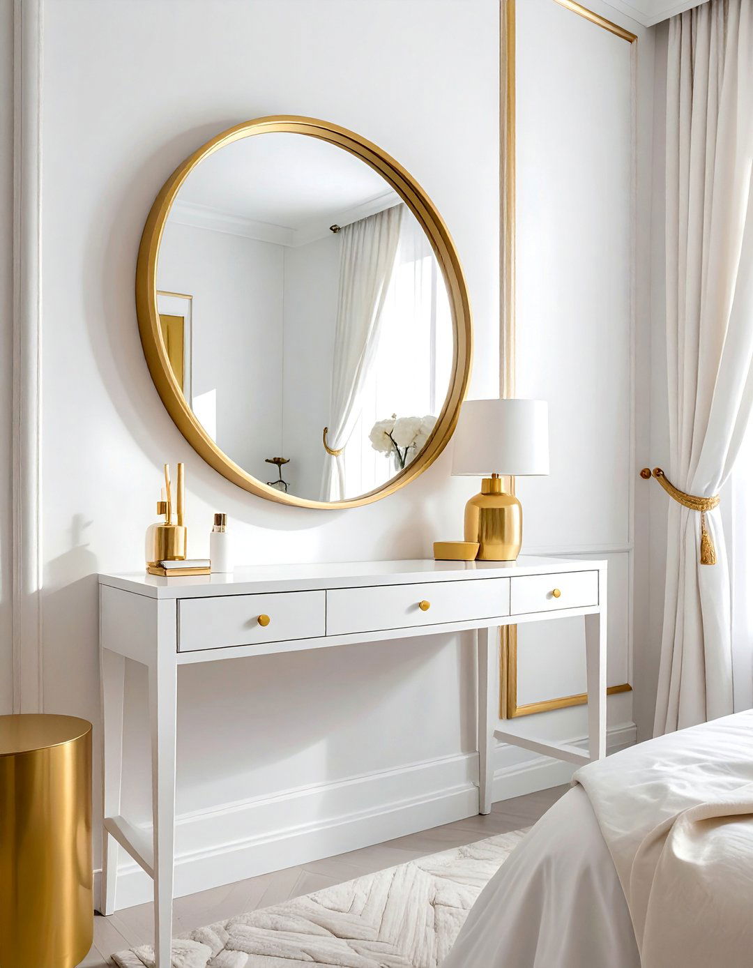 White Vanity with a Gold Framed Mirror - 25 White and Gold Bedroom Ideas for a Luxurious Look