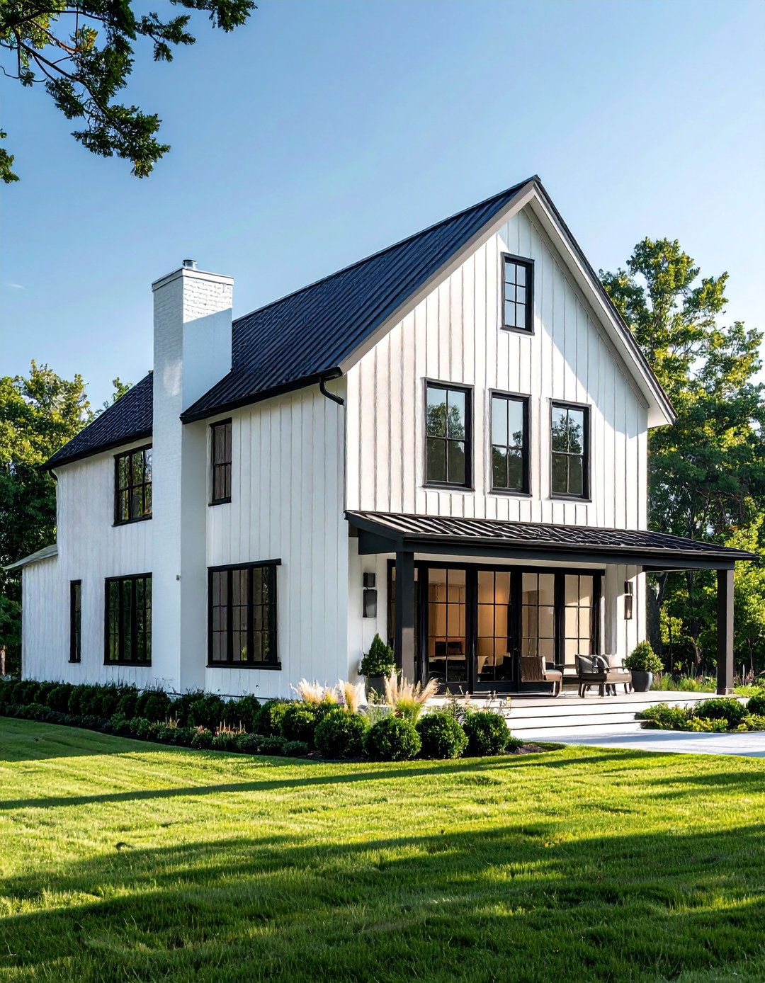 White Vertical Siding Farmhouse with Black Windows - 25 White Farmhouse With Black Windows Ideas