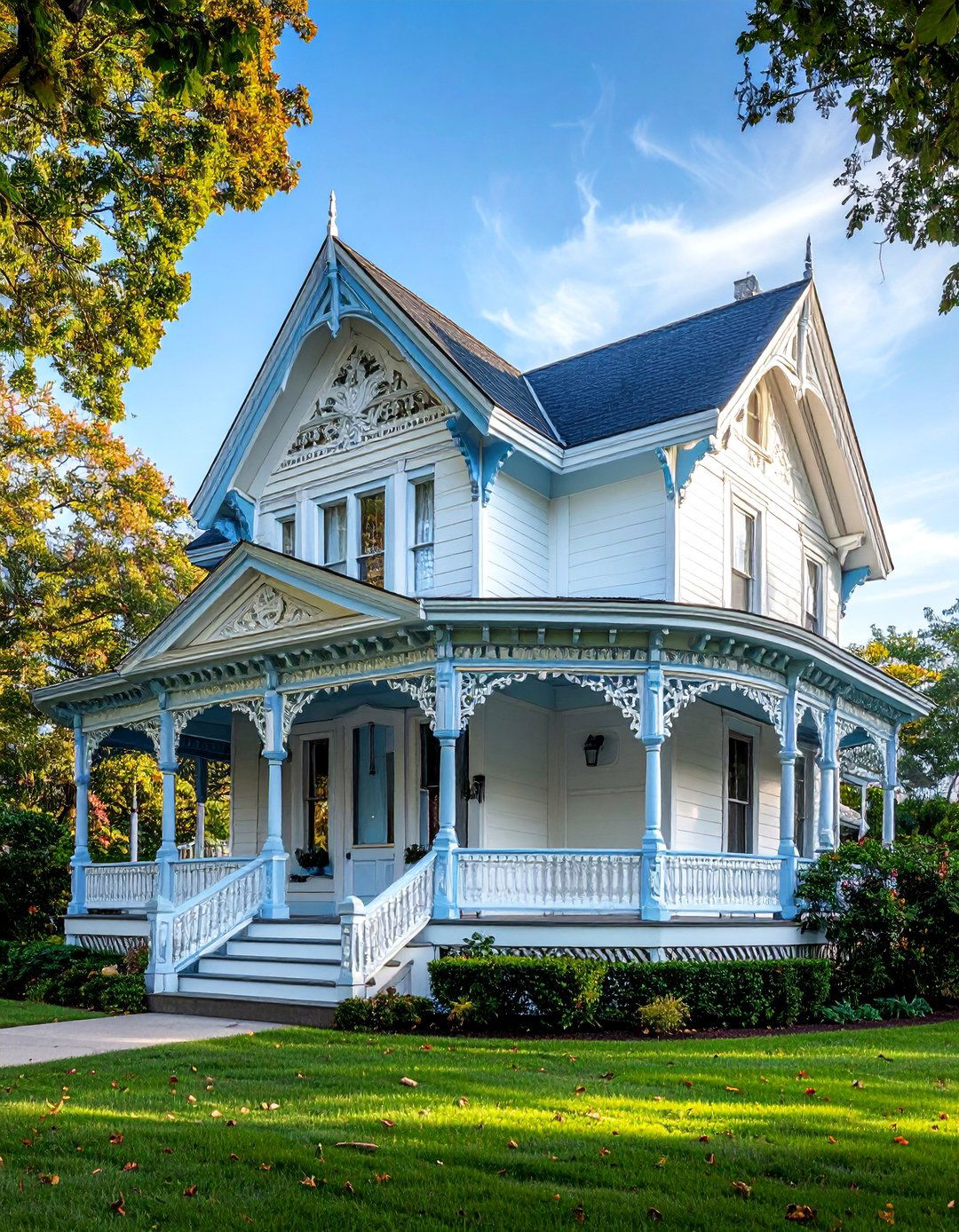 White Victorian Home with Powder Blue Gingerbread Trim - 20 White House With Blue Trim Design Ideas for Curb Appeal