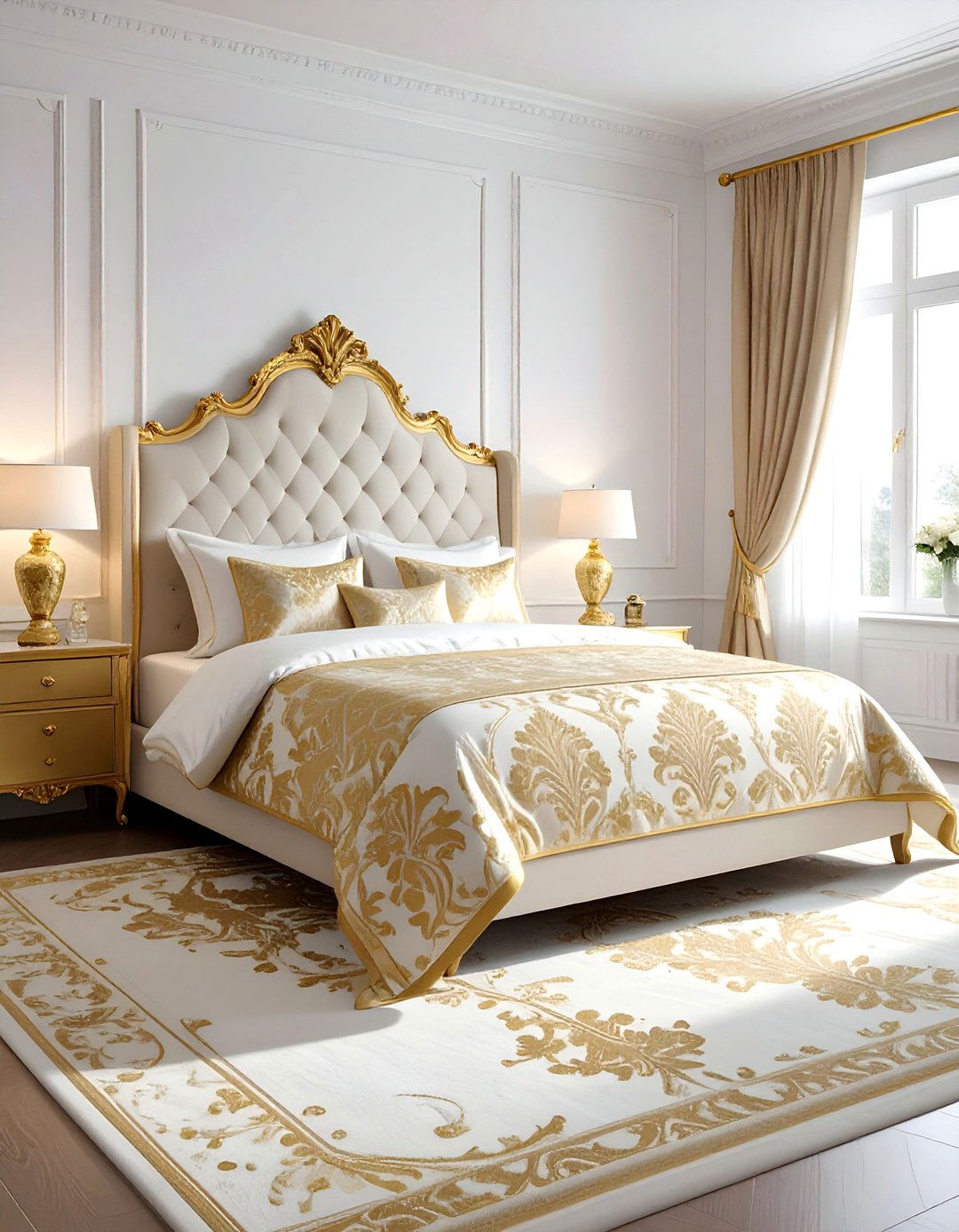 White and Gold Damask Patterned Bedspread - 25 White and Gold Bedroom Ideas for a Luxurious Look