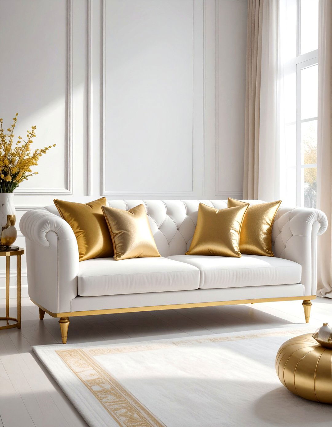 White and Gold Living Room Featuring a Velvet Sofa - 25 White and Gold Living Room Ideas for Elegance