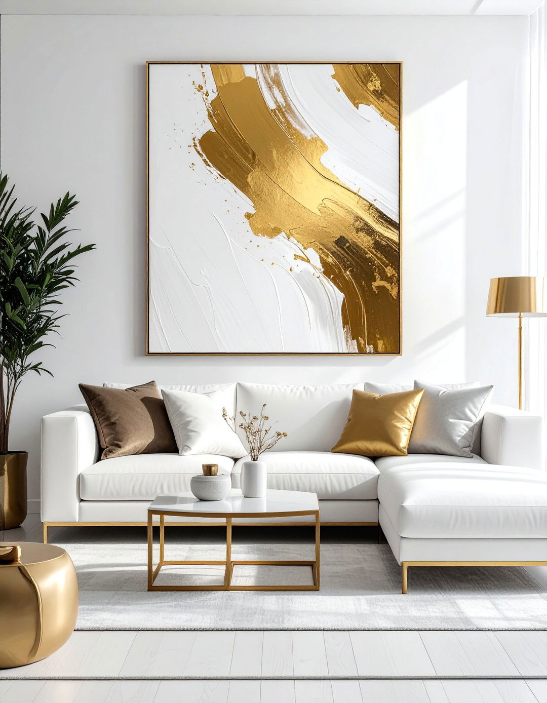 White and Gold Living Room with Abstract Wall Art - 25 White and Gold Living Room Ideas for Elegance