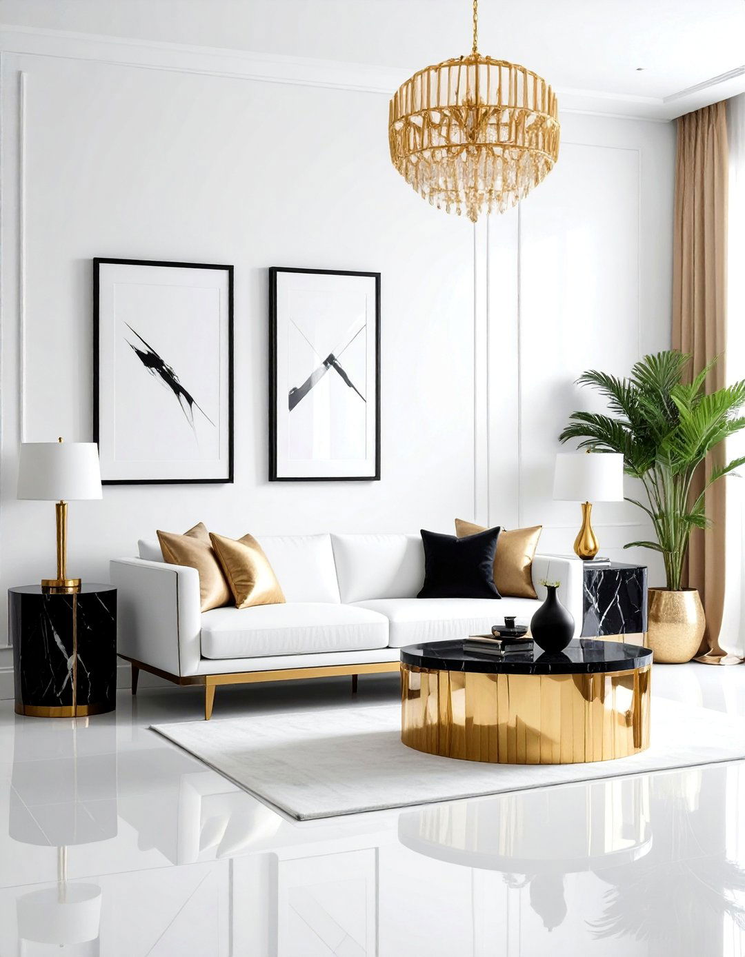 White and Gold Living Room with Black Accents - 25 White and Gold Living Room Ideas for Elegance