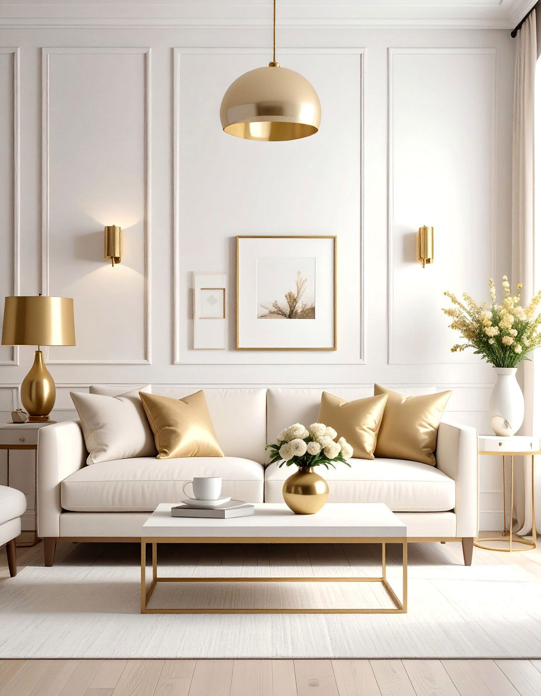White and Gold Living Room with Creamy Tones - 25 White and Gold Living Room Ideas for Elegance