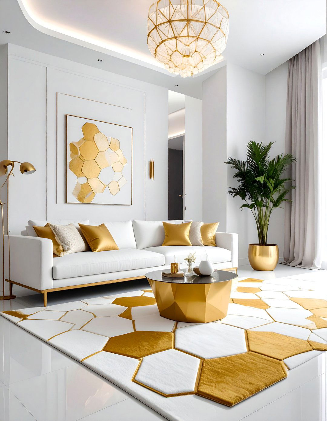 White and Gold Living Room with Geometric Patterns - 25 White and Gold Living Room Ideas for Elegance