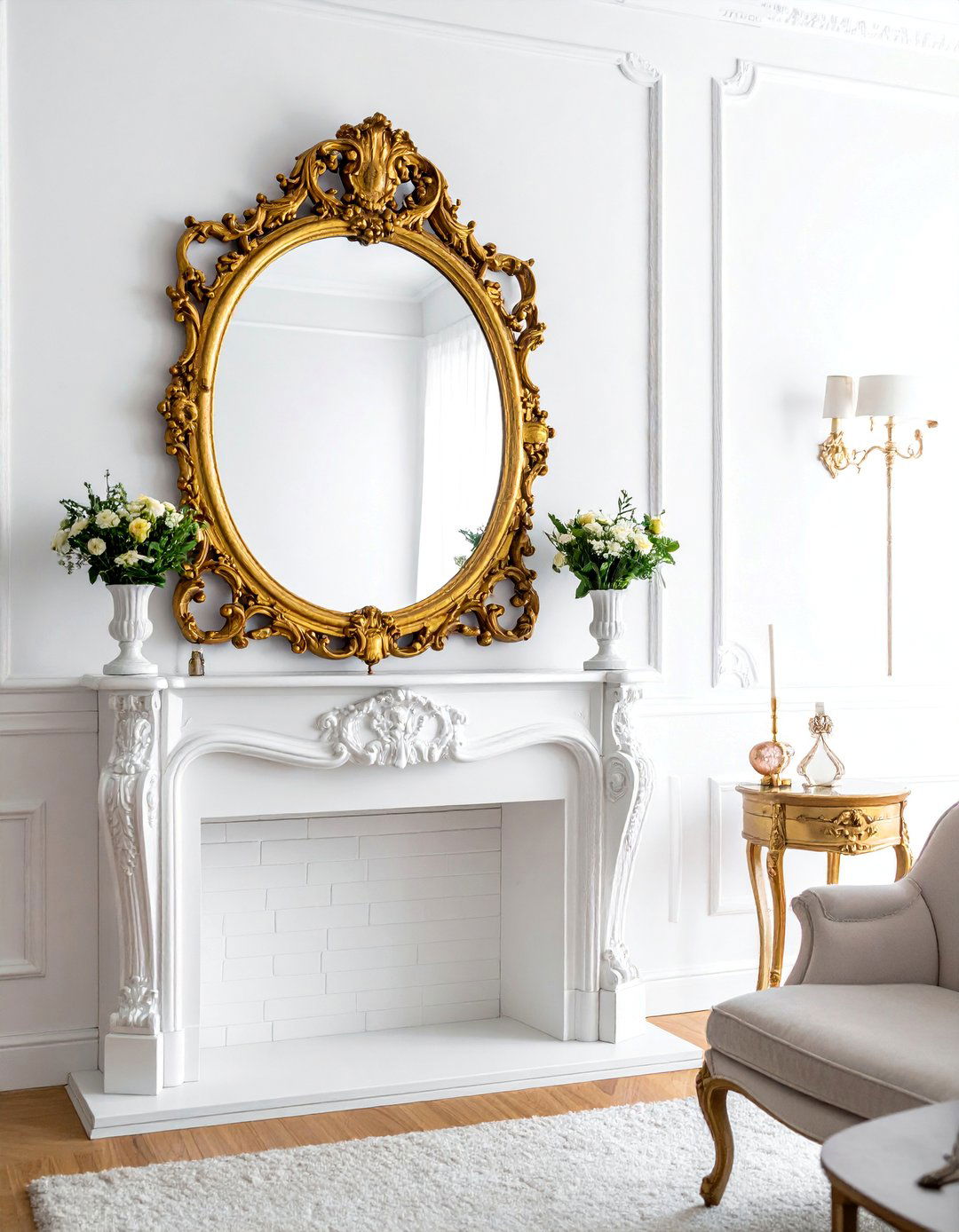White and Gold Living Room with Gold Framed Mirrors - 25 White and Gold Living Room Ideas for Elegance