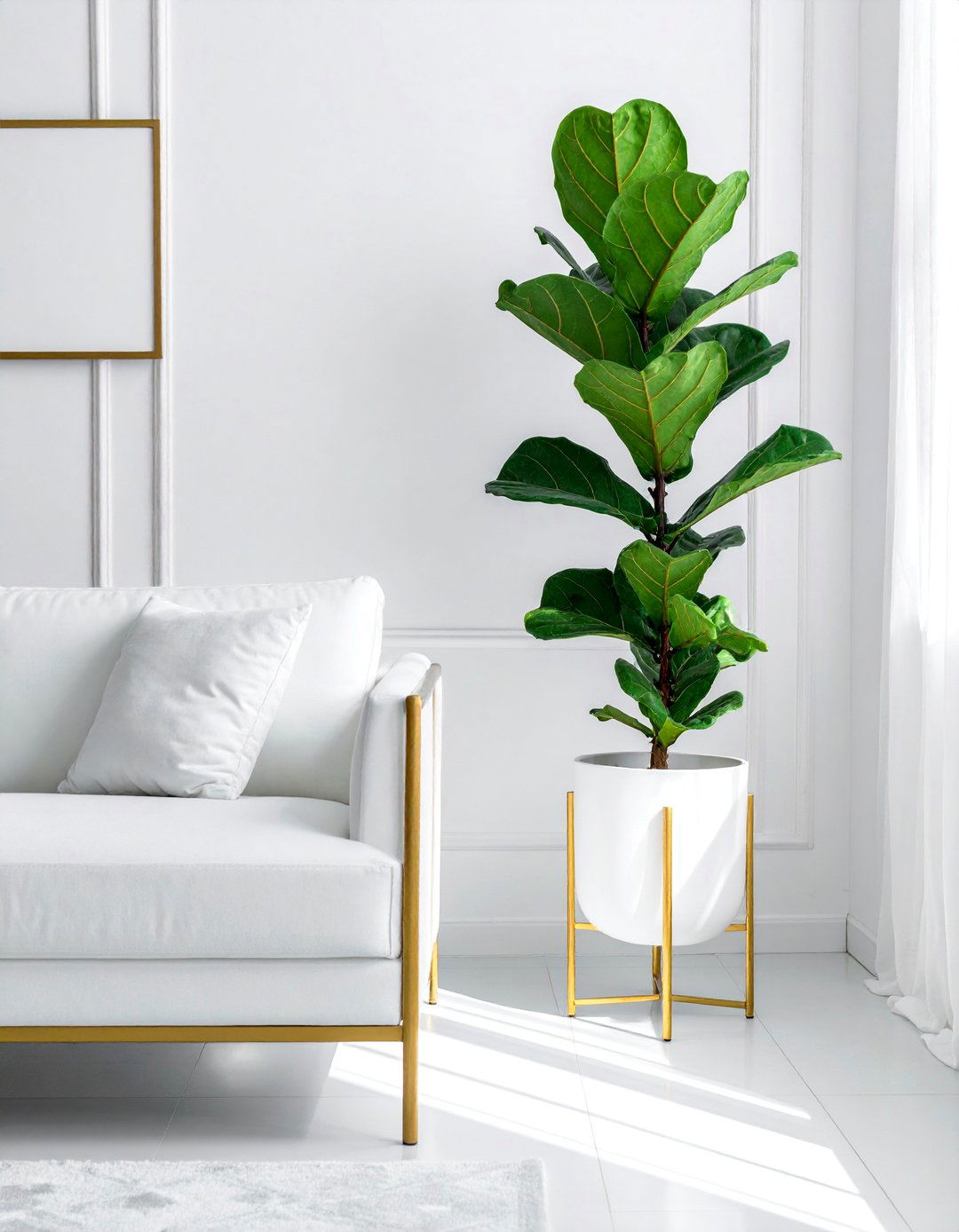 White and Gold Living Room with Greenery - 25 White and Gold Living Room Ideas for Elegance