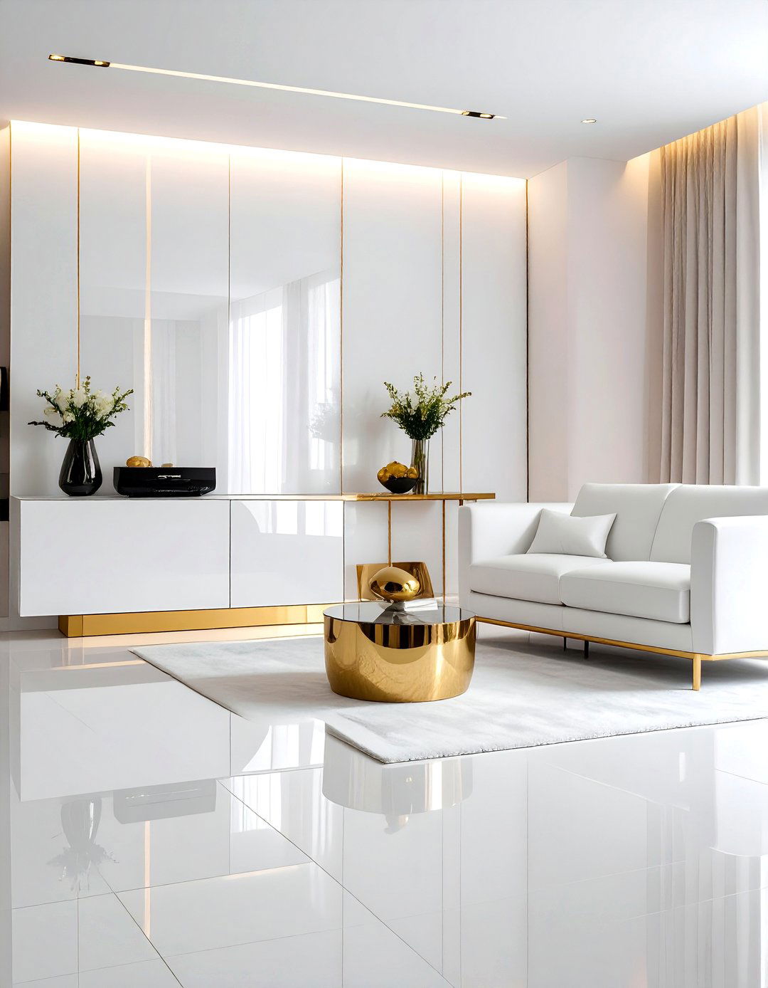 White and Gold Living Room with High Gloss Finishes - 25 White and Gold Living Room Ideas for Elegance