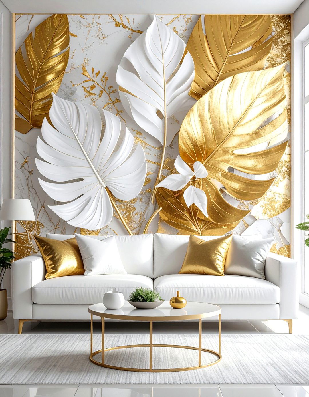 White and Gold Living Room with Metallic Wallpaper - 25 White and Gold Living Room Ideas for Elegance