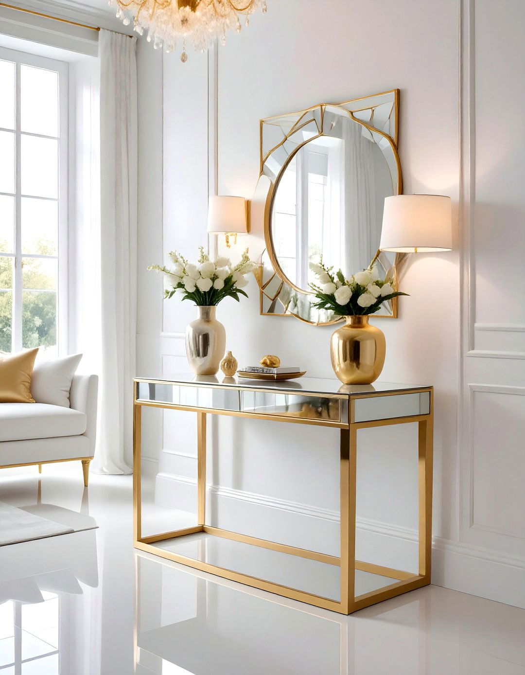 White and Gold Living Room with Mirrored Furniture - 25 White and Gold Living Room Ideas for Elegance